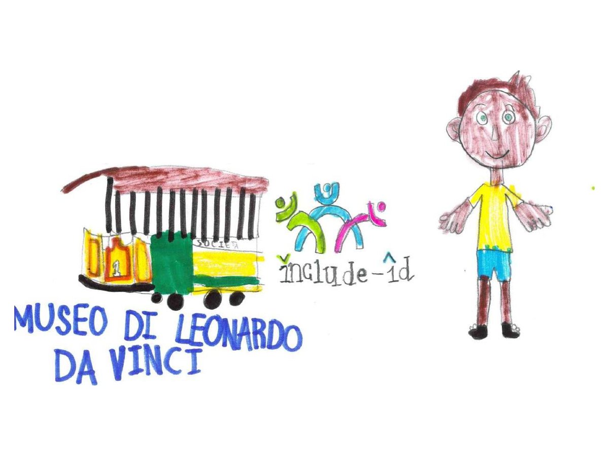 Child's drawing: the Leonardo da Vinci museum with a tram, the INCLUDE-ID logo and a smiling boy